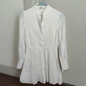 Zara White Long Sleeve Shirt Dress With Embroidered Details Size XS
